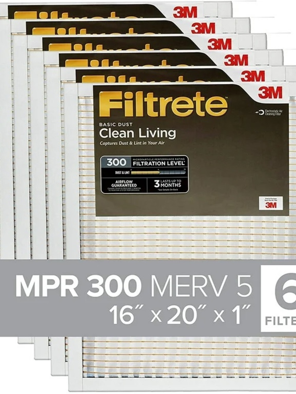 Filtrete 16x20x1 Air Filter, MPR 300, MERV 5, Clean Living Basic Dust 6 Filters